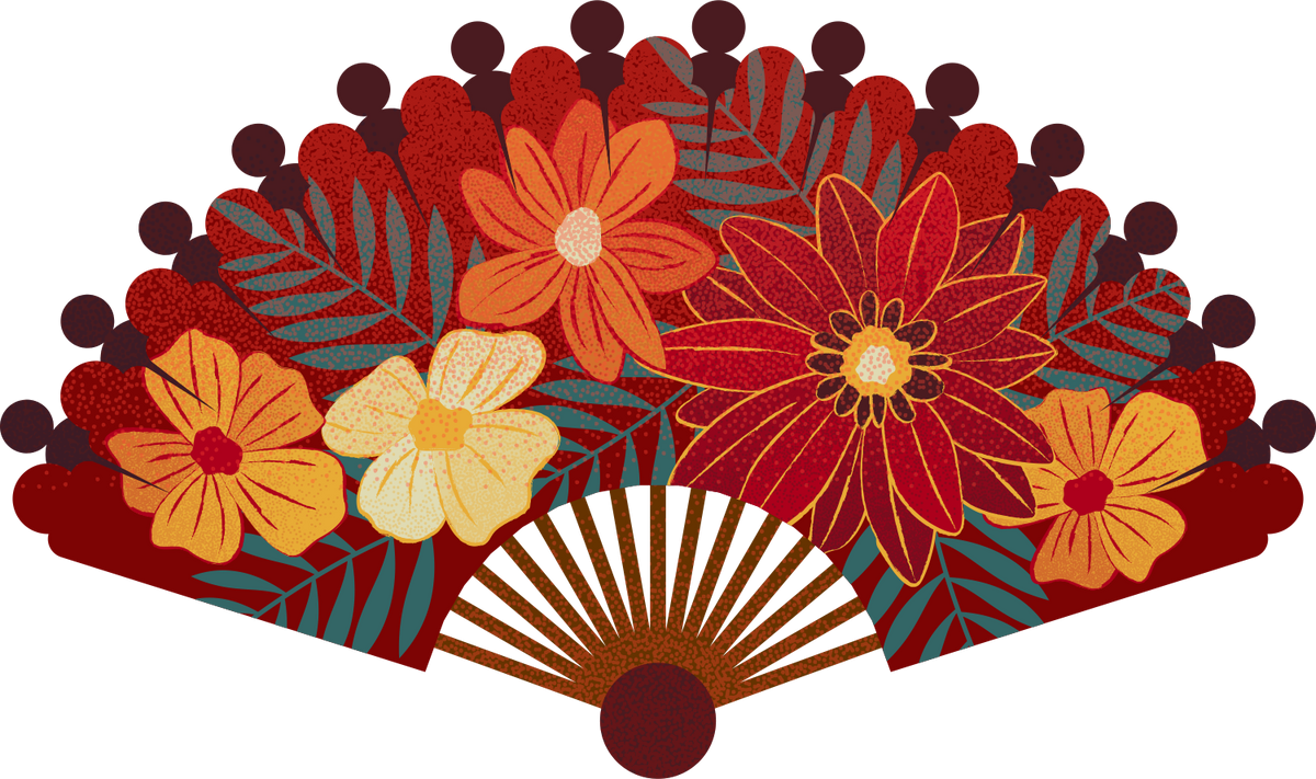 Spanish Textured and Detailed Flamenco Fans Red and Yellow Patterned Flowers